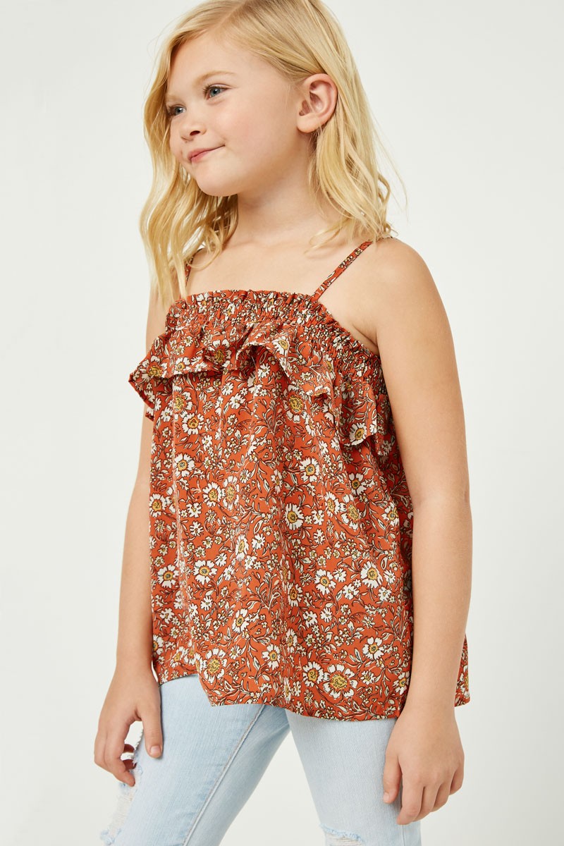 Coral Smocked Floral Print Ruffle Top