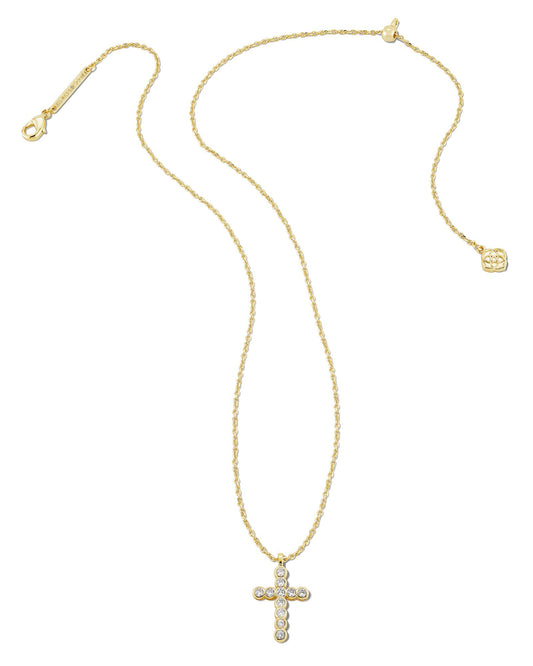 Cross Crystal Pendant Necklace Gold White Crystal