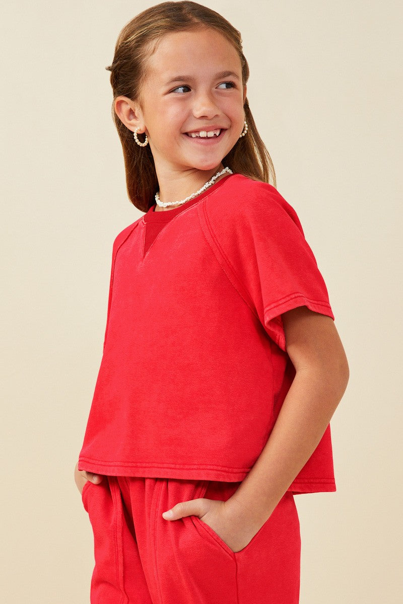 Red Washed Short Sleeve Knit Sweatshirt
