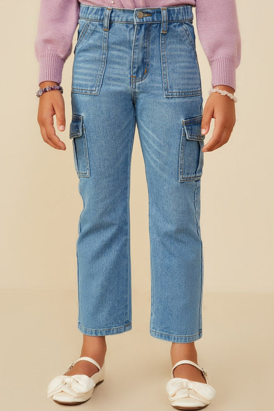 Girls Cargo Pocket Straight Leg Patch Pocket Jeans