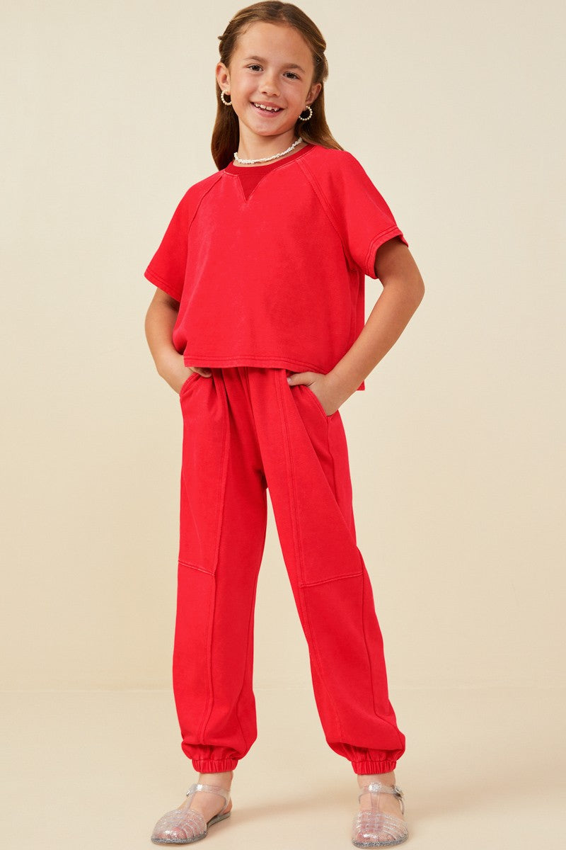 Red Washed Short Sleeve Knit Sweatshirt