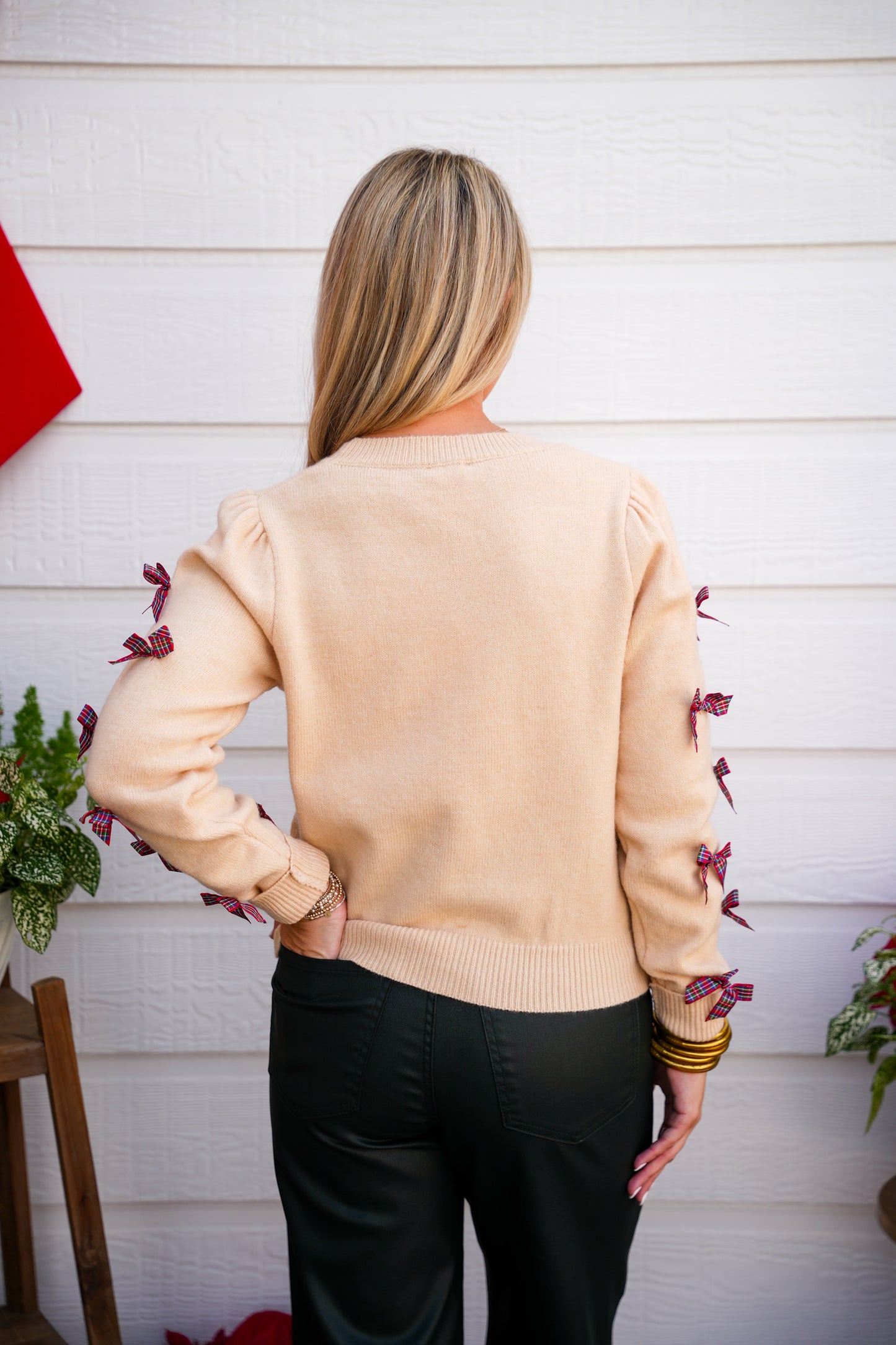 Holiday Christmas Plaid Bow Sweater