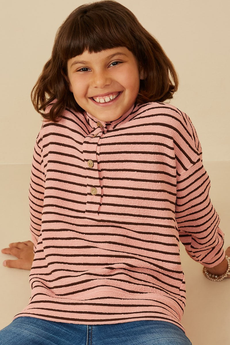 Girls Textured Stripe Knit 1/2 Button Up Top - Southern Belle Boutique