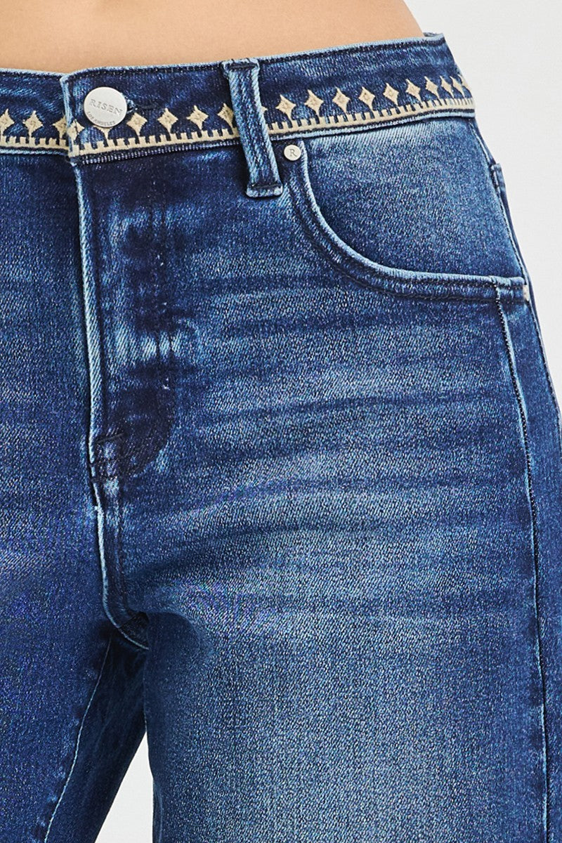Risen Slouchy Cropped Barrel Jeans with Embroidered Hem