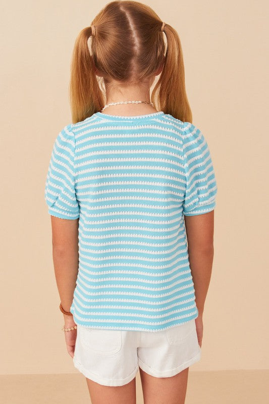 Blue Striped Puffed Sleeve Knit Top