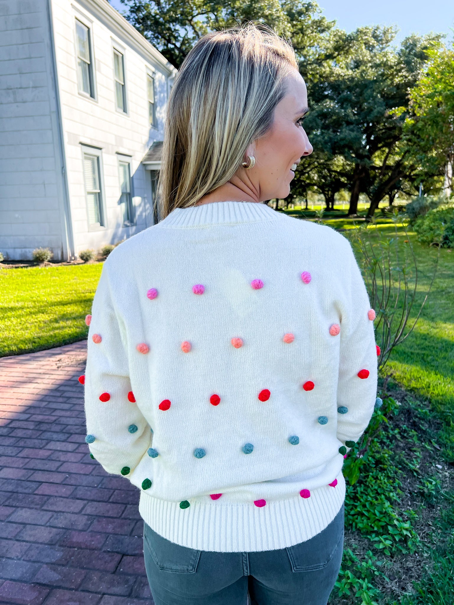 Ivory PomPom Multi Color Sweater - Southern Belle Boutique