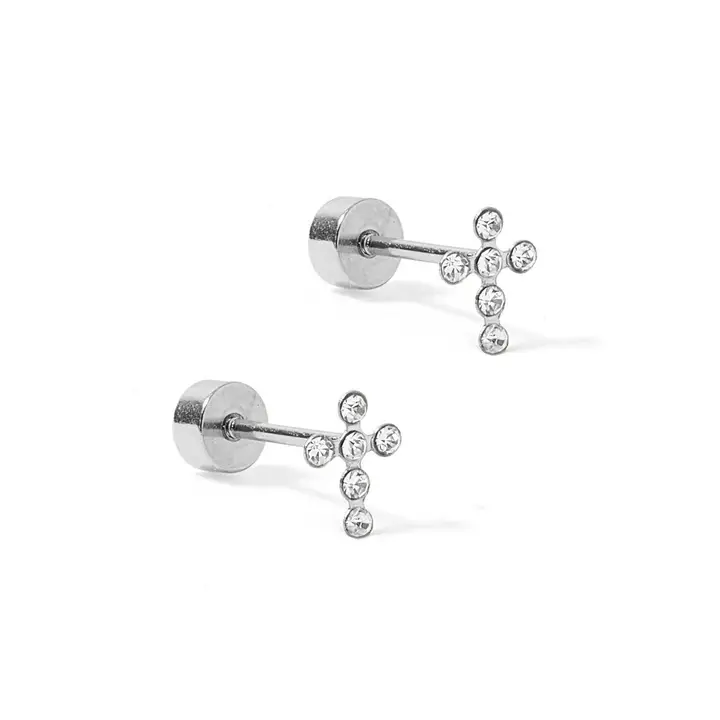 Screwback Stud Earrings - Clara Cross Silver Sparkle - Southern Belle Boutique