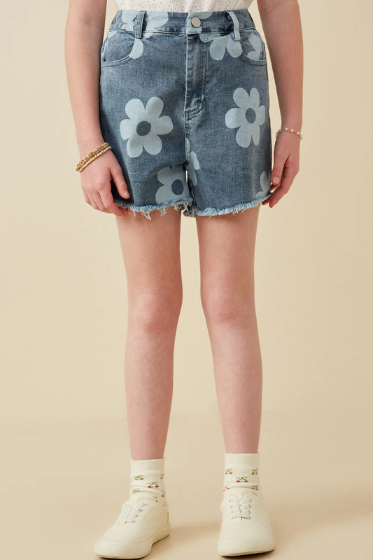 Girls Daisy Floral Print Denim Shorts - Southern Belle Boutique