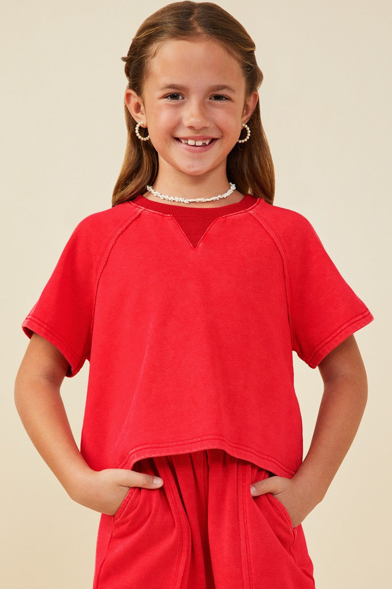 Red Washed Short Sleeve Knit Sweatshirt