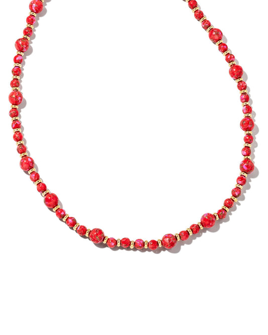 Jovie Beaded Strand Necklace - Gold Bronze Veined Red And Fuchsia Magnesite - Southern Belle Boutique