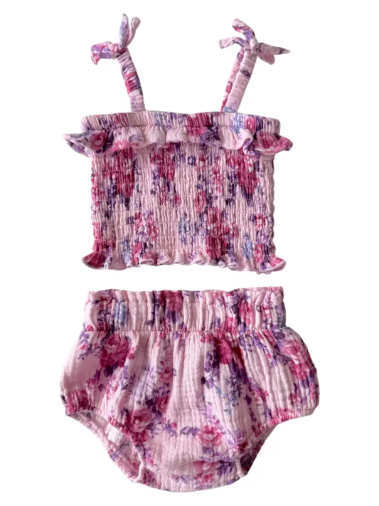 Muslin Smocked Ruffle Top & Bloomer, Violet Rose - Southern Belle Boutique