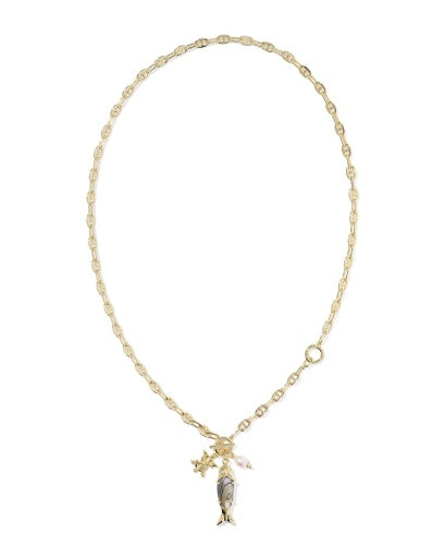 Parker Fish Long Charm Necklace Gold Abalone Shell - Southern Belle Boutique