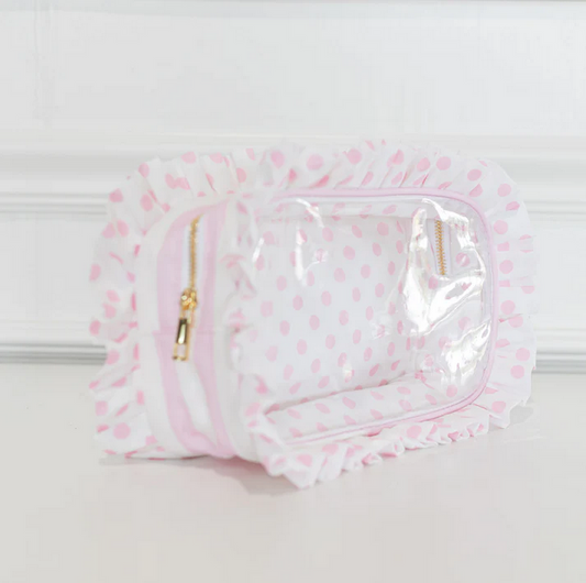 Large Clear Pouch - Pink Polka Stripe - Southern Belle Boutique