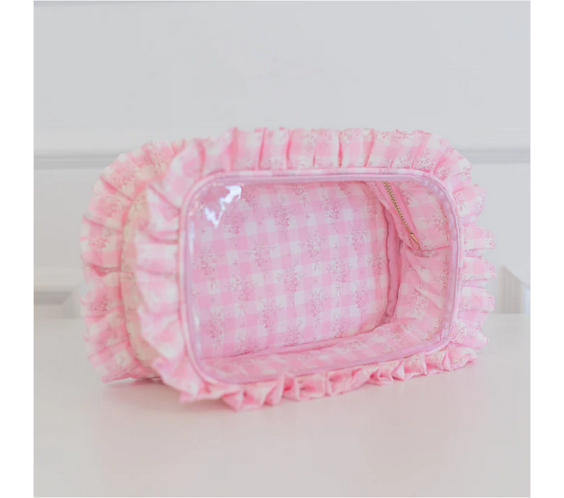 Ruffled Nylon Large Clear Pouch - Pink Floral - Southern Belle Boutique