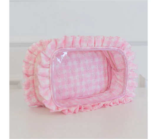 Ruffled Nylon Large Clear Pouch - Pink Floral - Southern Belle Boutique