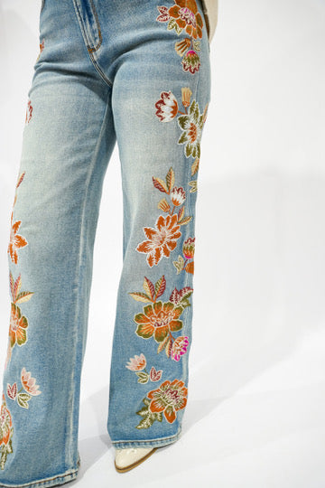 Flower Embroidery High Waist Flare Jean - Southern Belle Boutique