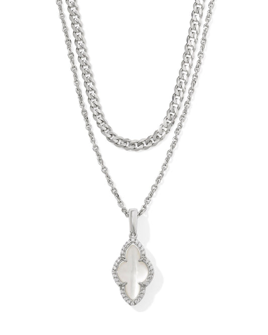 Abbie Pave Frame Multi Strand Necklace Silver Ivory Mother Of Pearl