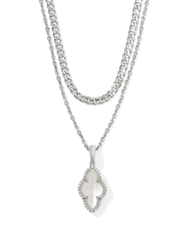 Abbie Pave Frame Multi Strand Necklace Silver Ivory Mother Of Pearl