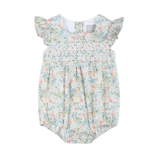 Pink Floral Print Smocked Futter Romper - Southern Belle Boutique