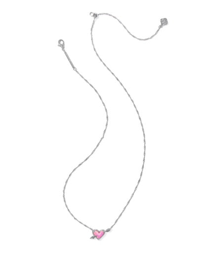Ari Heart Arrow Short Pendant Necklace - Silver Pink Opalescent Resin