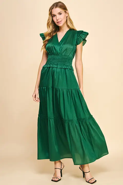 Hunter Green Satin Tiered Maxi Dress