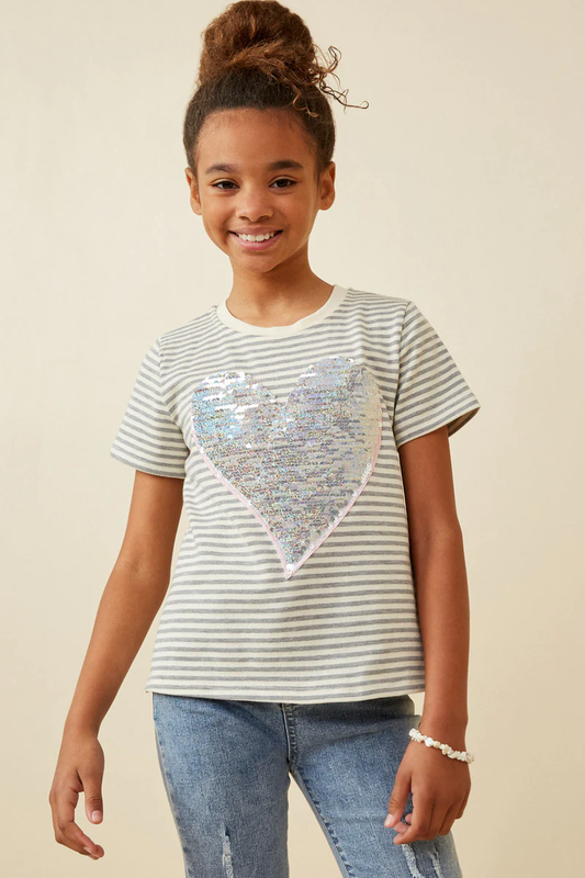 Girls Sequin Heart Patch Striped Knit Top - Southern Belle Boutique