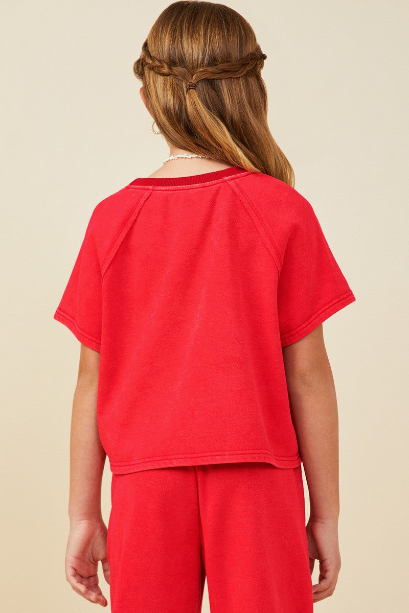 Red Washed Short Sleeve Knit Sweatshirt