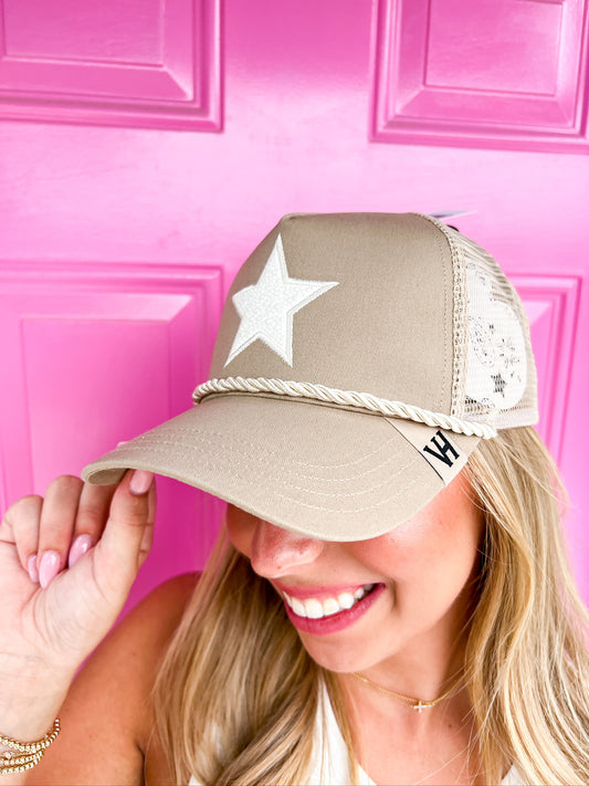 Beige Hat with Rope/Pearl Star Logo - Southern Belle Boutique