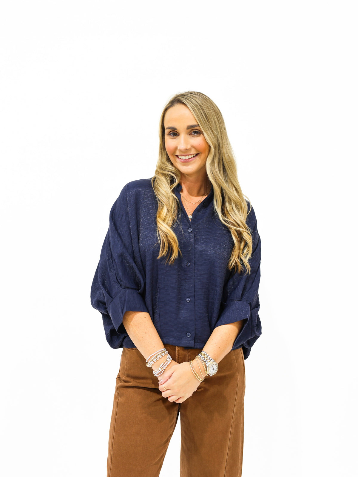 Navy Satin Dolman Blouse