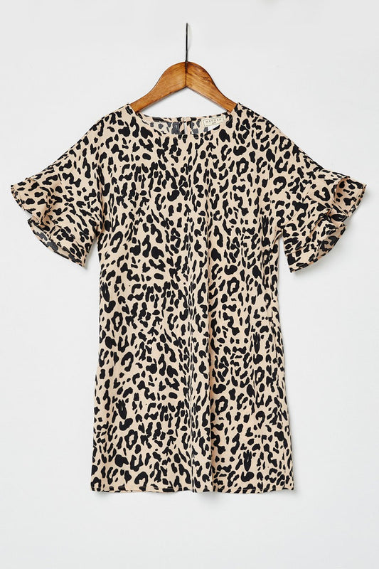 Leopard Print Ruffle Sleeve Shift Dress