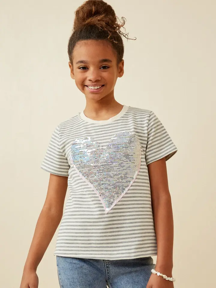 Girls Sequin Heart Patch Striped Knit Top - Southern Belle Boutique