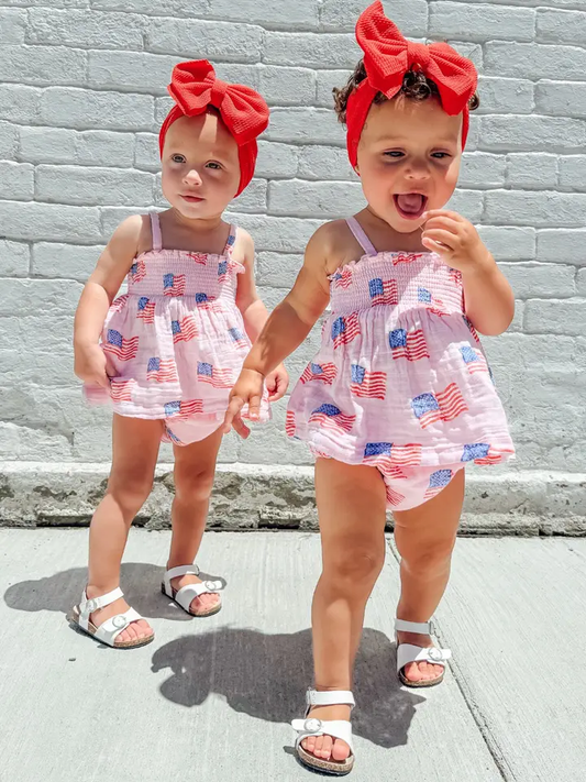 American Flag Pink Muslin Smocked Top & Bloomers - Southern Belle Boutique