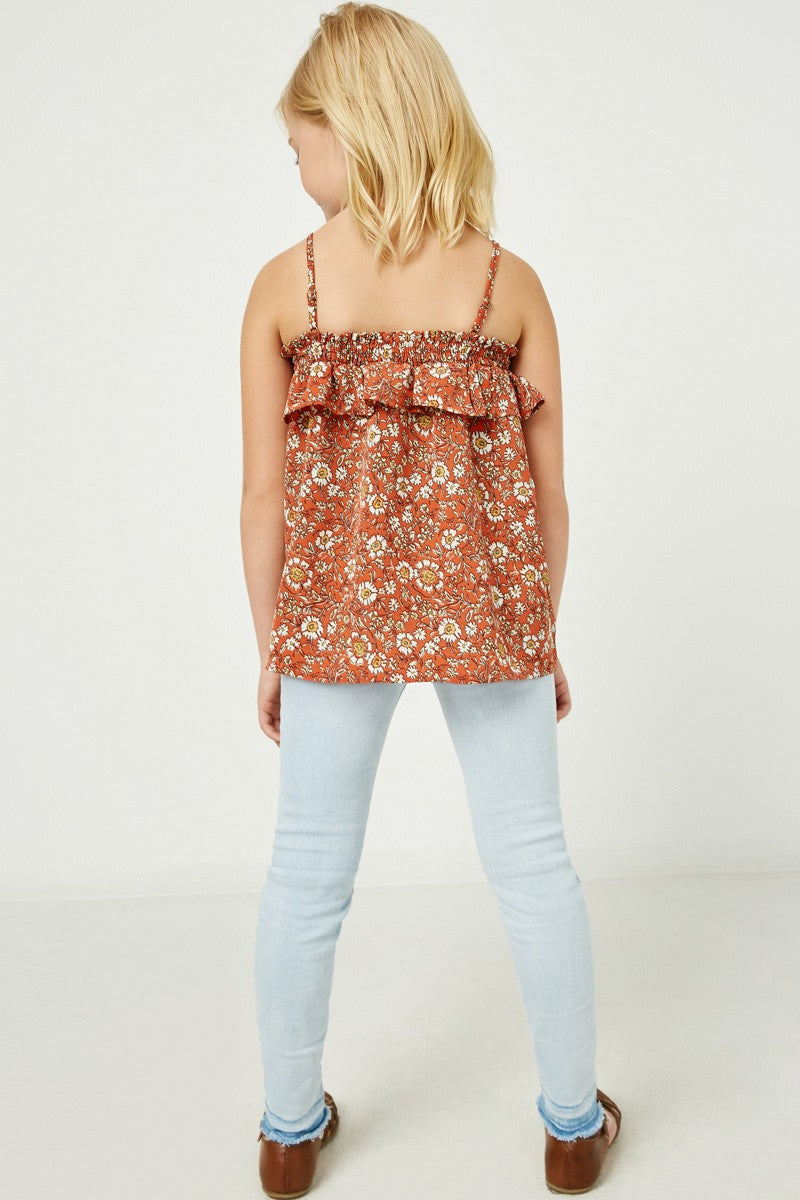 Coral Smocked Floral Print Ruffle Top