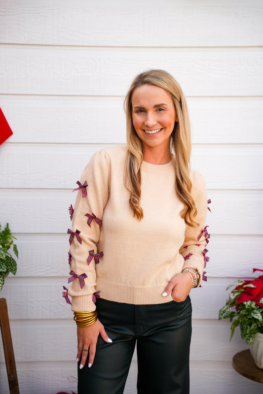 Holiday Christmas Plaid Bow Sweater