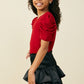Girls Ribbed Pleated Shoulder Puff Sleeve Top - Red