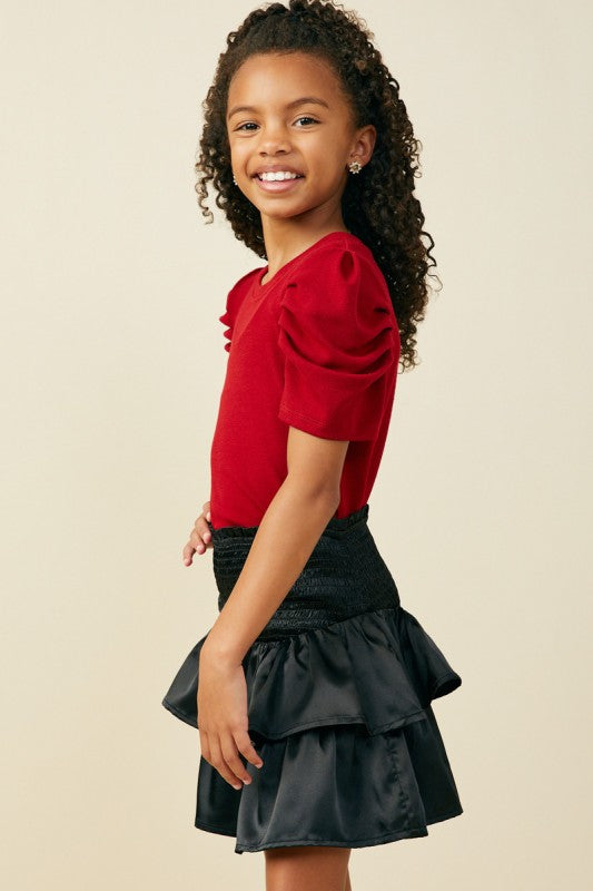 Girls Ribbed Pleated Shoulder Puff Sleeve Top - Red