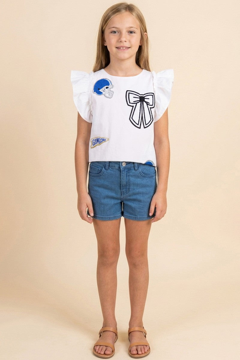 Blue Helmet And Bow Patched Ruffled Tank