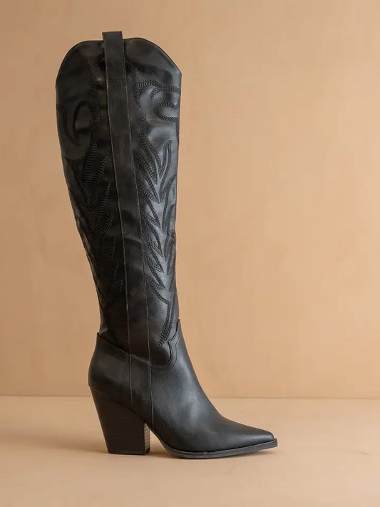 The Bronco Black Knee High Western Boot