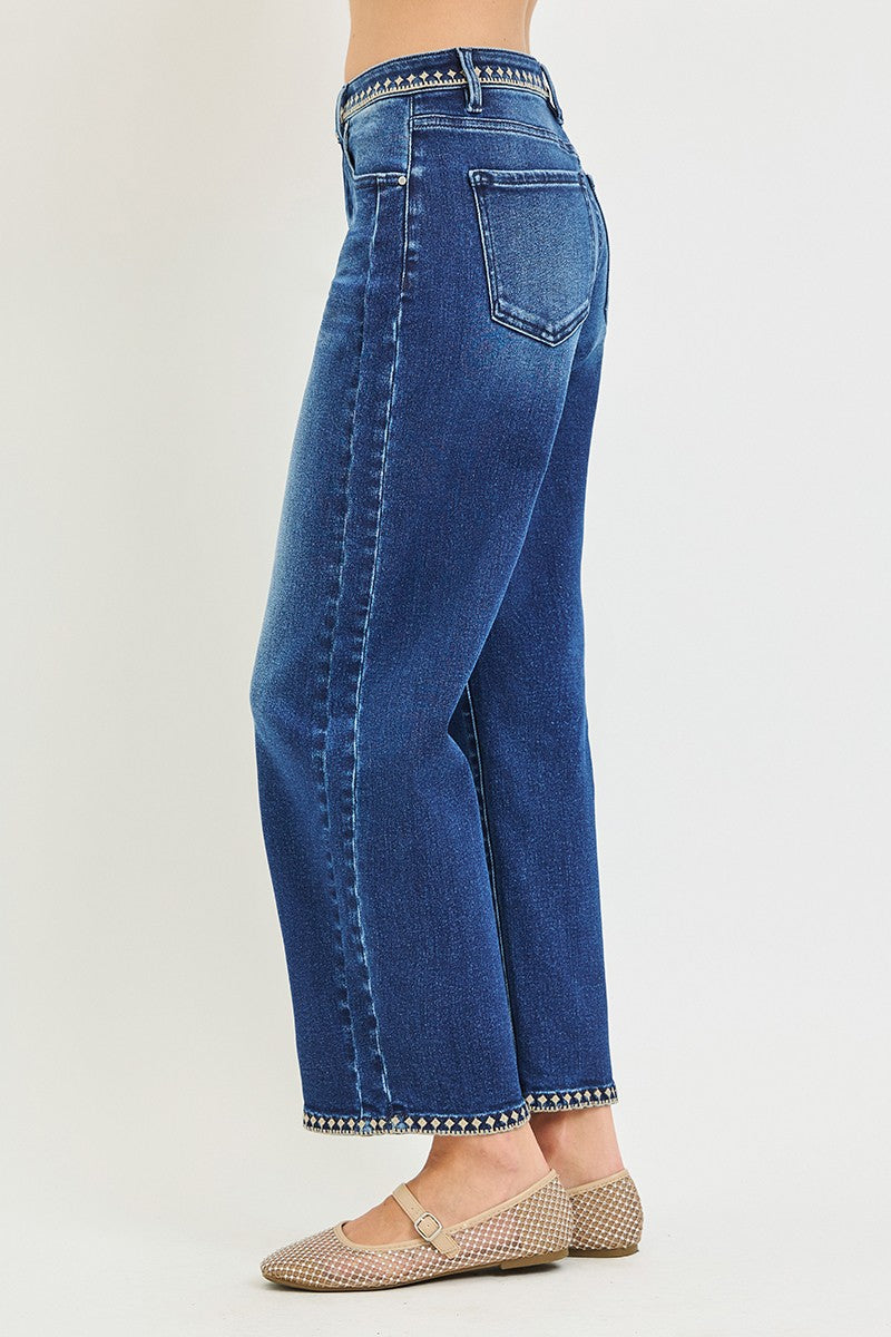 Risen Slouchy Cropped Barrel Jeans with Embroidered Hem