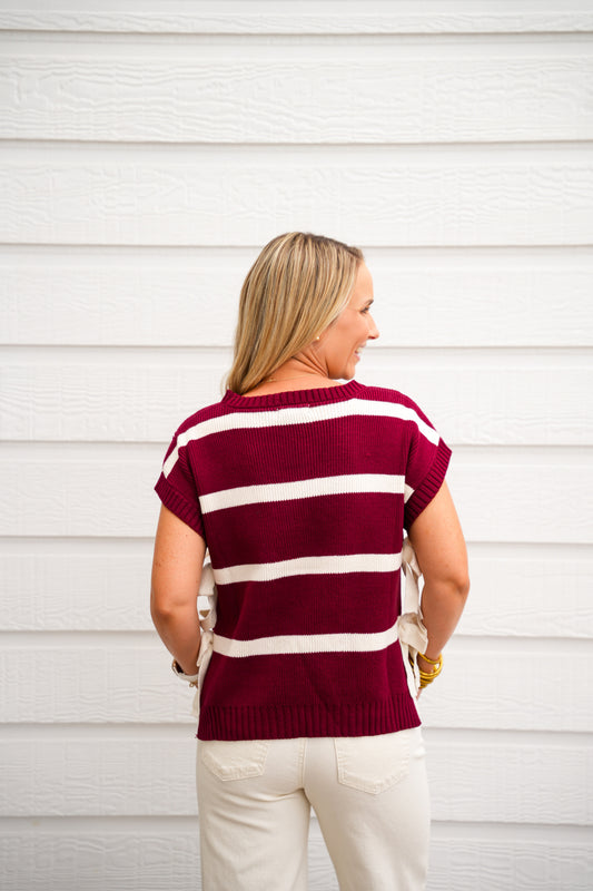 Burgundy Striped Bow Sweater