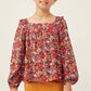 Print Ruffle Shoulder Long Sleeve Textured Top