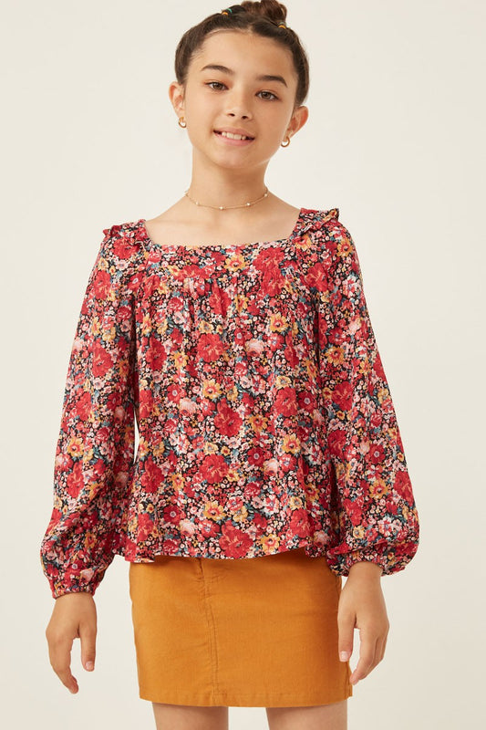 Print Ruffle Shoulder Long Sleeve Textured Top