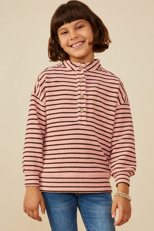 Girls Textured Stripe Knit 1/2 Button Up Top