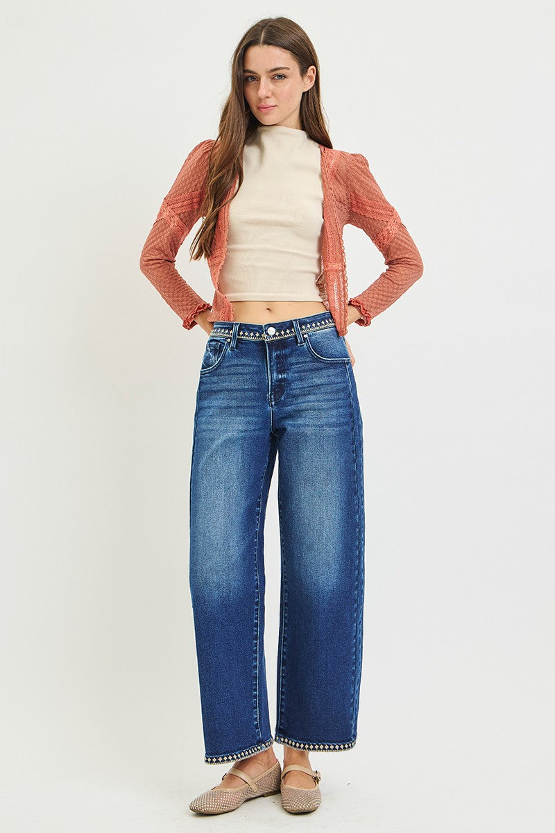 Risen Slouchy Cropped Barrel Jeans with Embroidered Hem