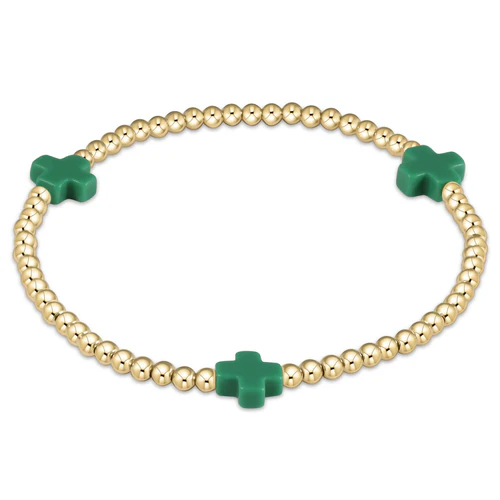 Signature Cross Gold Pattern 3MM Bead Bracelet - Emerald