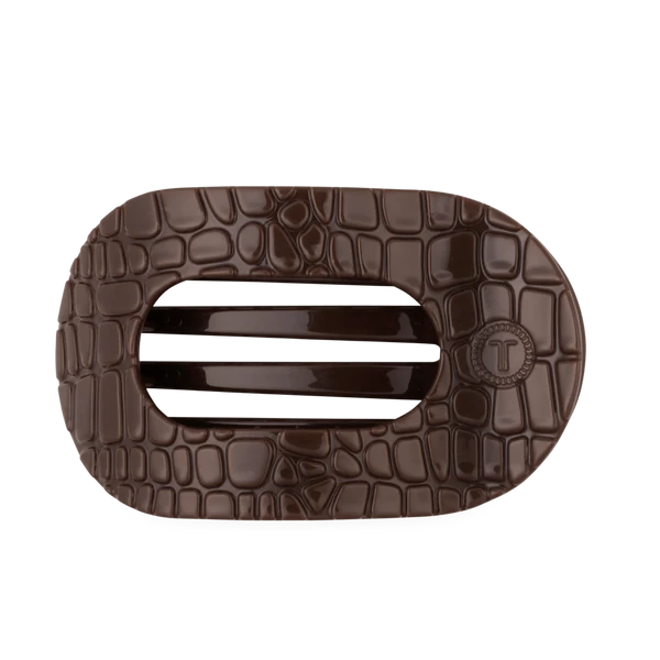 Large Flat Round Hair Clip - Brown Crocodile