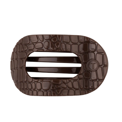 Large Flat Round Hair Clip - Brown Crocodile