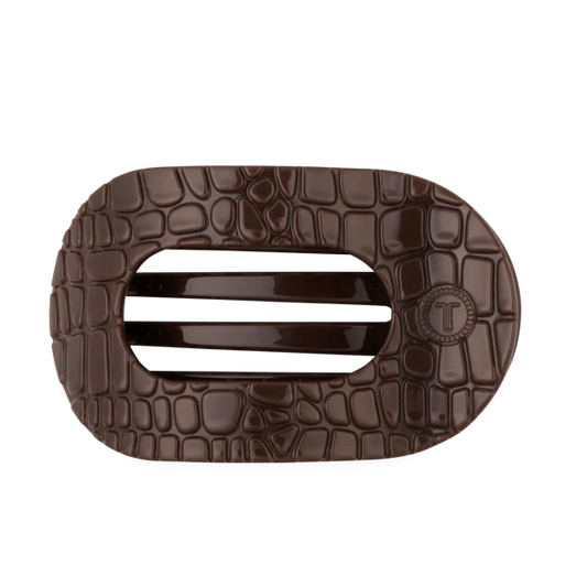 Large Flat Round Hair Clip - Brown Crocodile