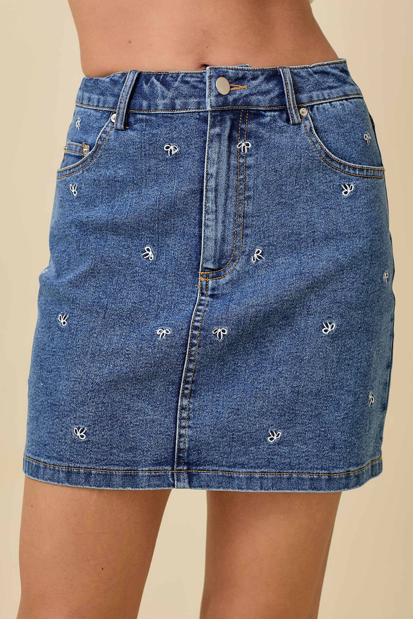 Bow Stitched Denim Mini Skirt - Southern Belle Boutique