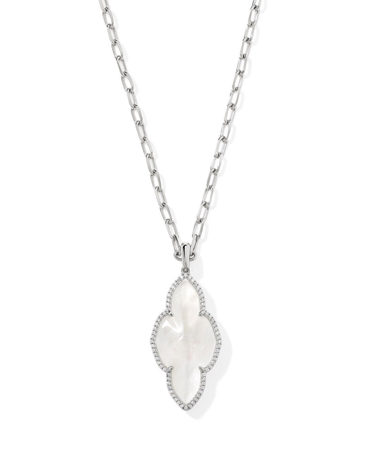 Abbie Pave Frame Large Long Pendant Necklace Silver Ivory Mother Of Pearl